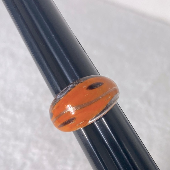 Vintage Art Glass Handmade Orange Black Gold Band Ring - Picture 11 of 11
